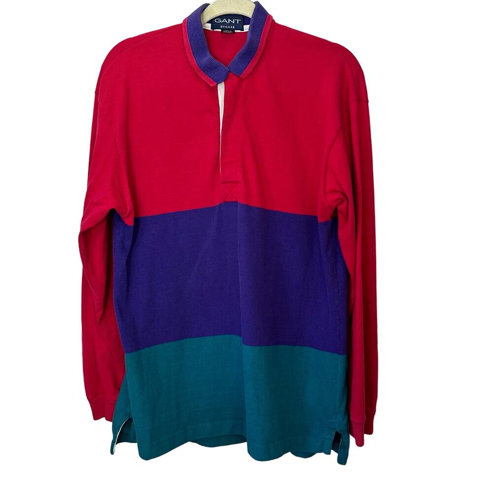 GANT Rugger Rugby Shirt‎ Mens Size L Long Sleeve Colorblock Vintage 90s Polo
